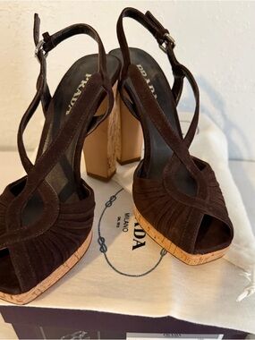 Prada Moro Brown Suede Cork Platform Slingback Sandals Never worn